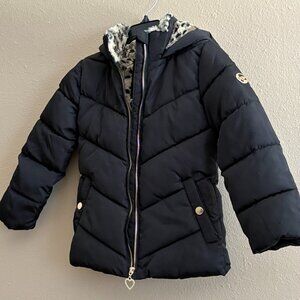Girls Black Puffer Coat w/ Faux Fur Leopard Lining
